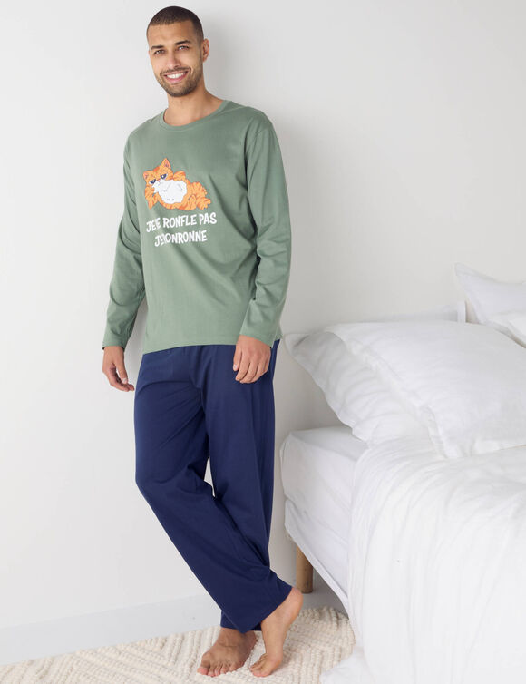 Pyjama coton imprimé message, manches longues (vert / marine) Pyjama coton imprimé message, manches longues (vert / marine)